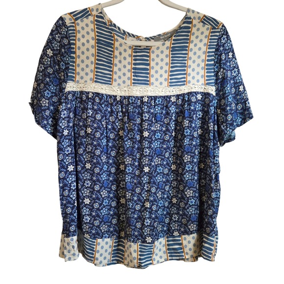 Blue Tassel Tops - Blue Tassel Womens L Boho Mixed Print Floral Polka Dot Lace Trim Blouse Blue